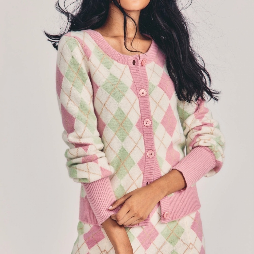Loveshackfancy Sweater Cashmere‎ Wool Ginnie Argyle Cardigan Sz L